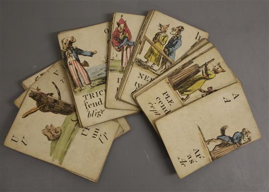 A collection of 36 19th century hand coloured alphabet cards, lacking cards for G, J and .... , some with examples